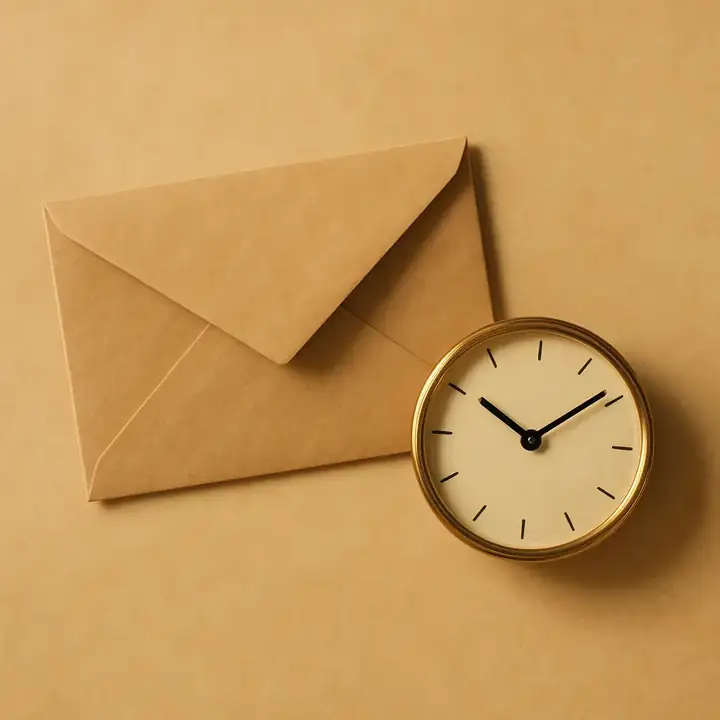 Kraft envelope and a brass clock without numerals