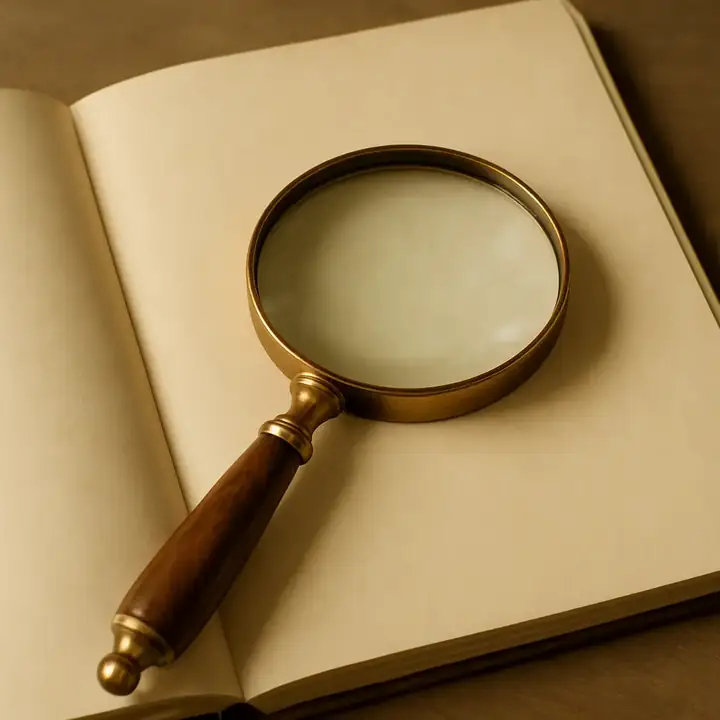 Brass magnifying glass on blank pages